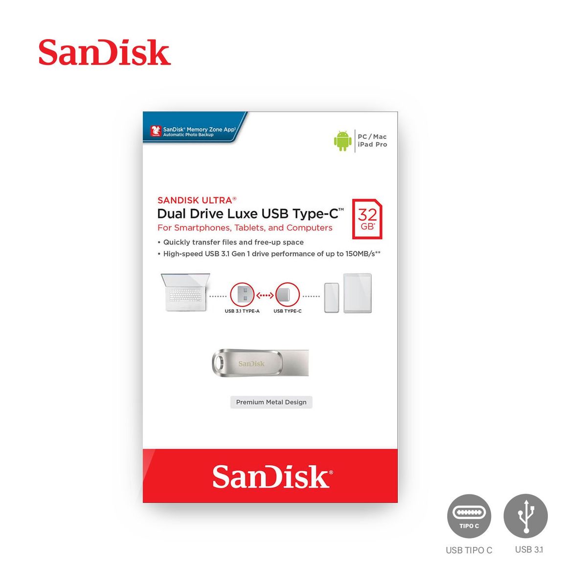 SANDISK - Memoria USB Sandisk Ultra Dual Drive Luxe 32GB 3.1 Tipo C