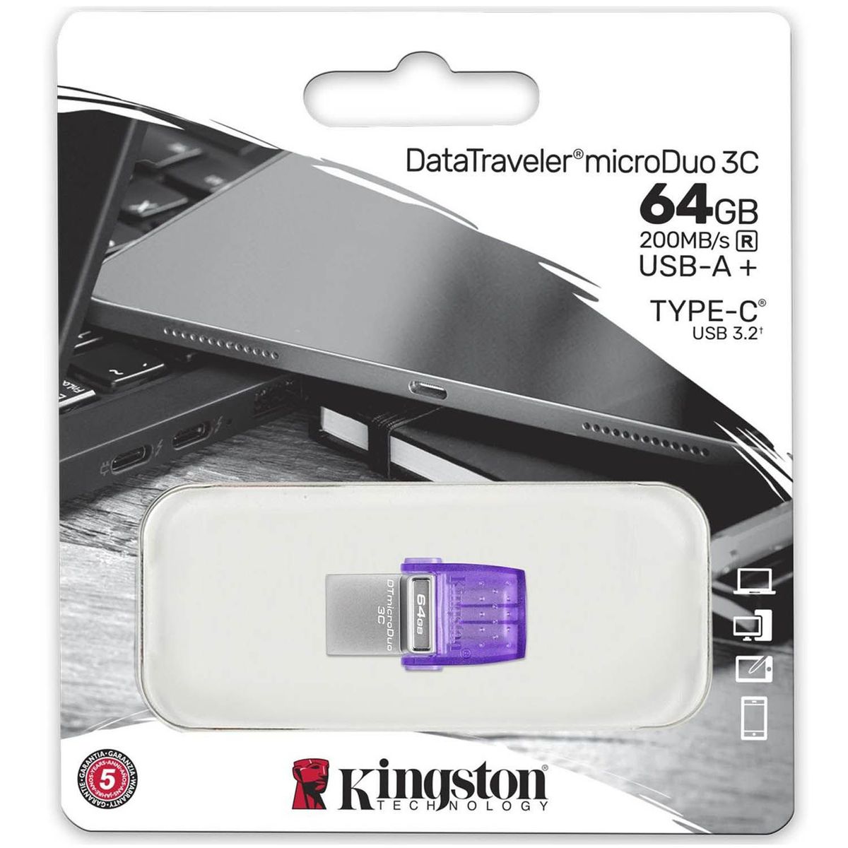 KINGSTON - Memoria USB Kingston MICRODUO3CG3 64GB TIPOA-USB-C 200Mbs