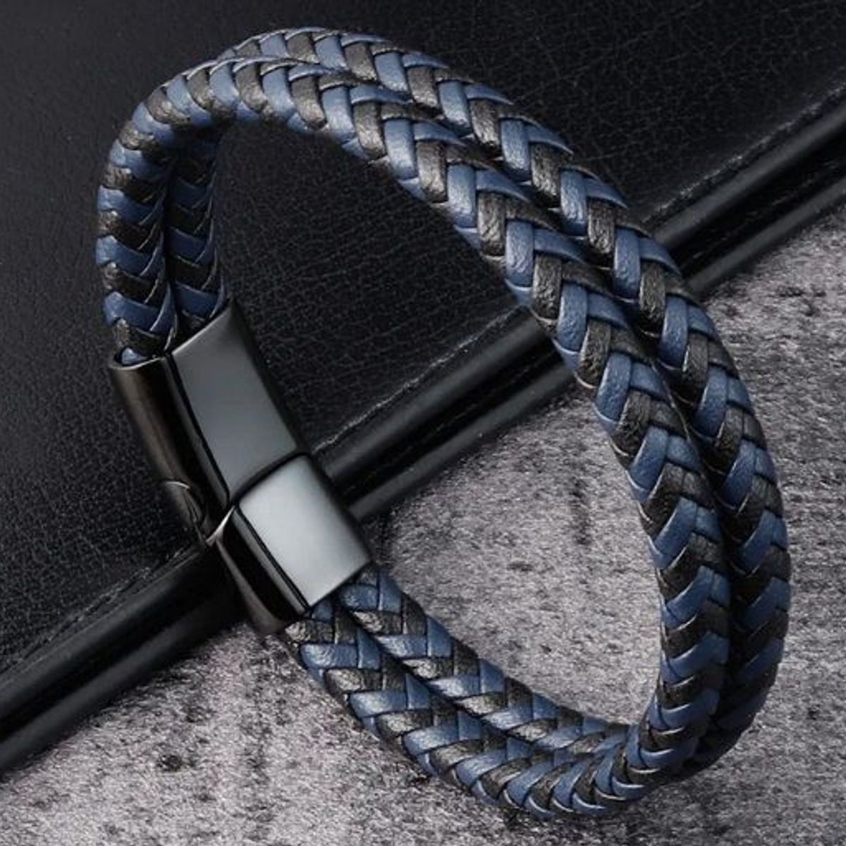 GENERICO - Pulsera brazalete de cuero genuino azul para hombres