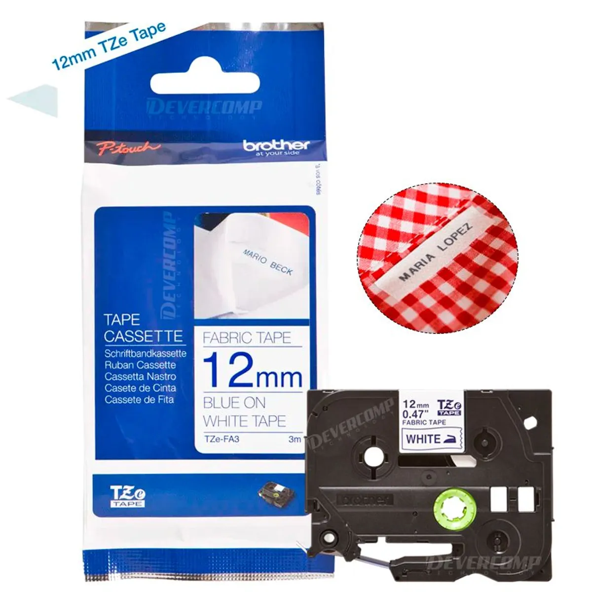 BROTHER - Cinta Brother Textil TZE-FA3 (12mm x 3 mts) Texto azul y fondo blanco