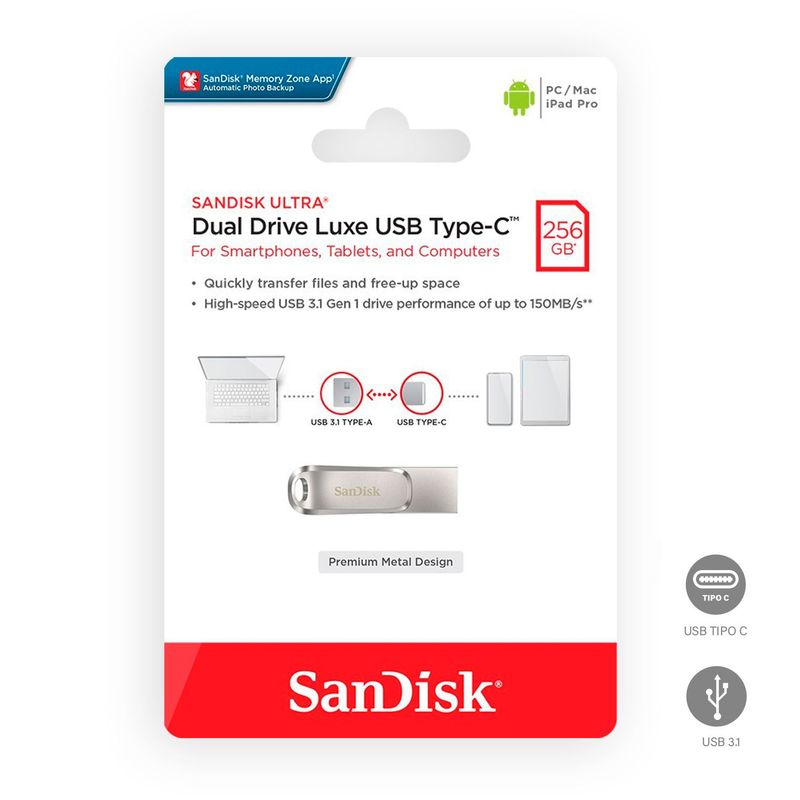 SANDISK - Memoria USB Sandisk Ultra Dual Drive Luxe 256GB TipoC Acero