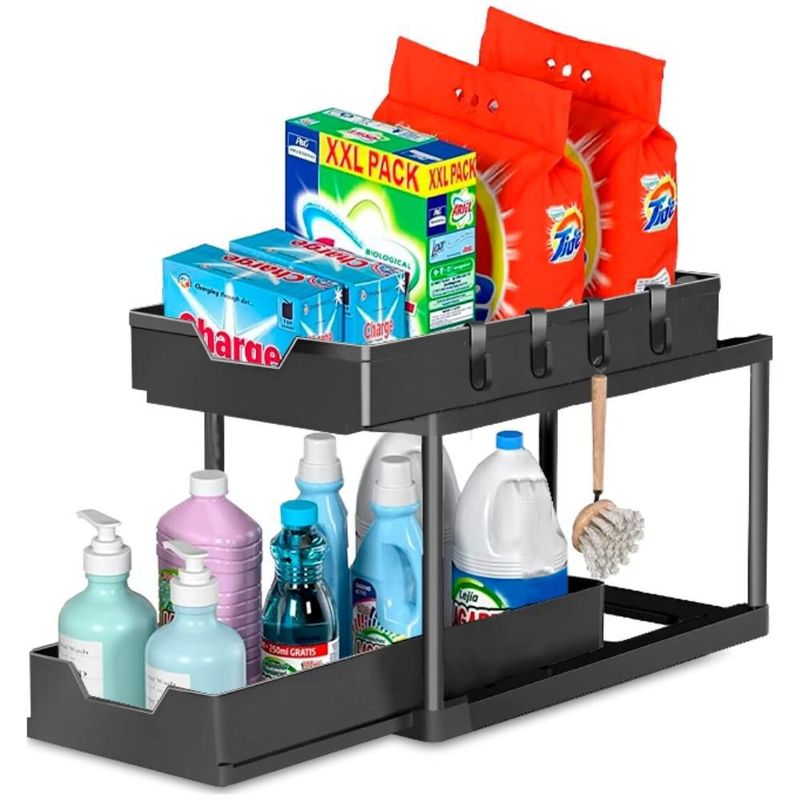 MINARI - Estante Organizador 2 Niveles para Baño Lavandería con Ganchos 13Y