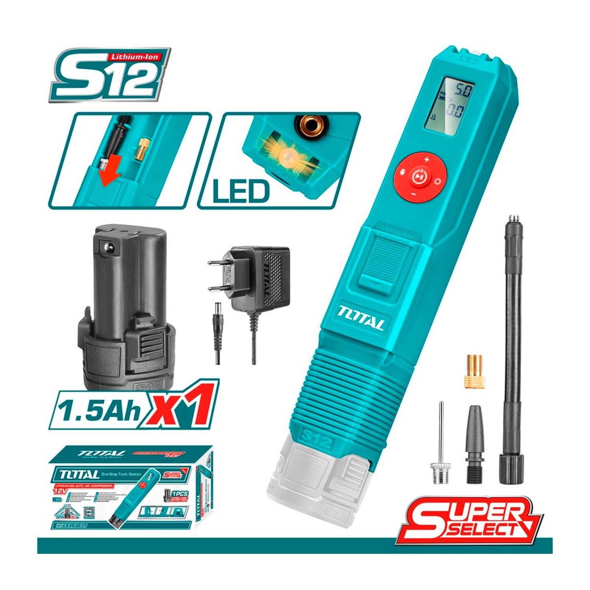 TOTAL TOOLS - INFLADOR COMPRESOR 12V TOTAL INALÁMBRICO LLANTA GLOBO - TACLI12011