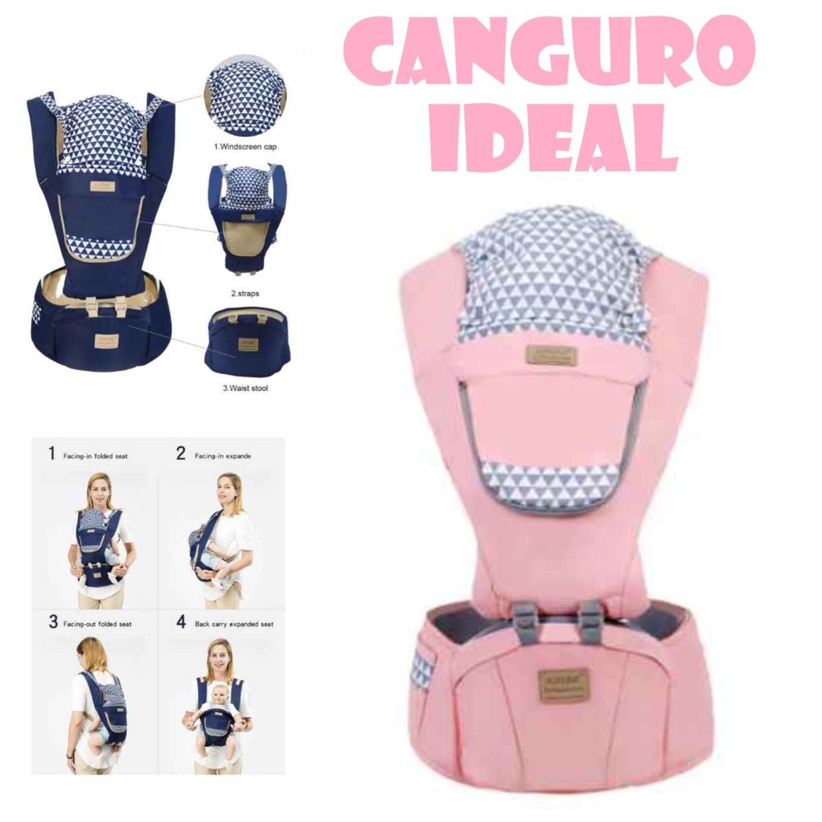 GENERICO - Portabebe Canguro Ideal con Base -Rosa