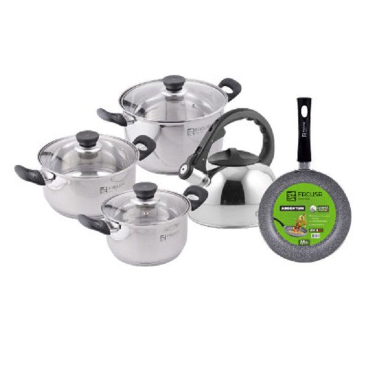 FACUSA - Juego de Ollas con Tetera Acero Inoxidable Facusa con sartén de 22 cm