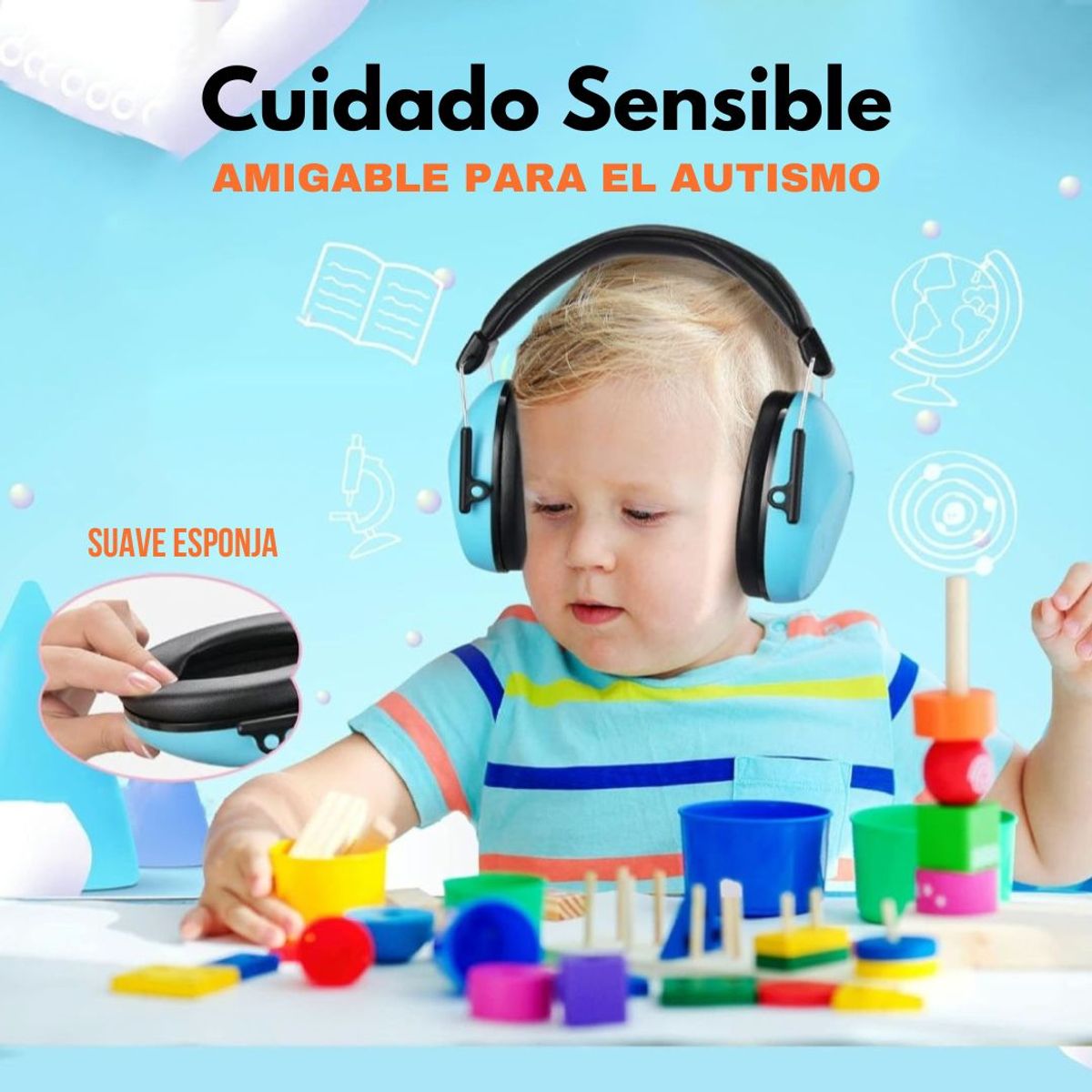 GENERICO - Audífonos Antiruido Orejeras para Niños 3-15 años Reducción de Ruido 28dB Celeste Negro - ONH