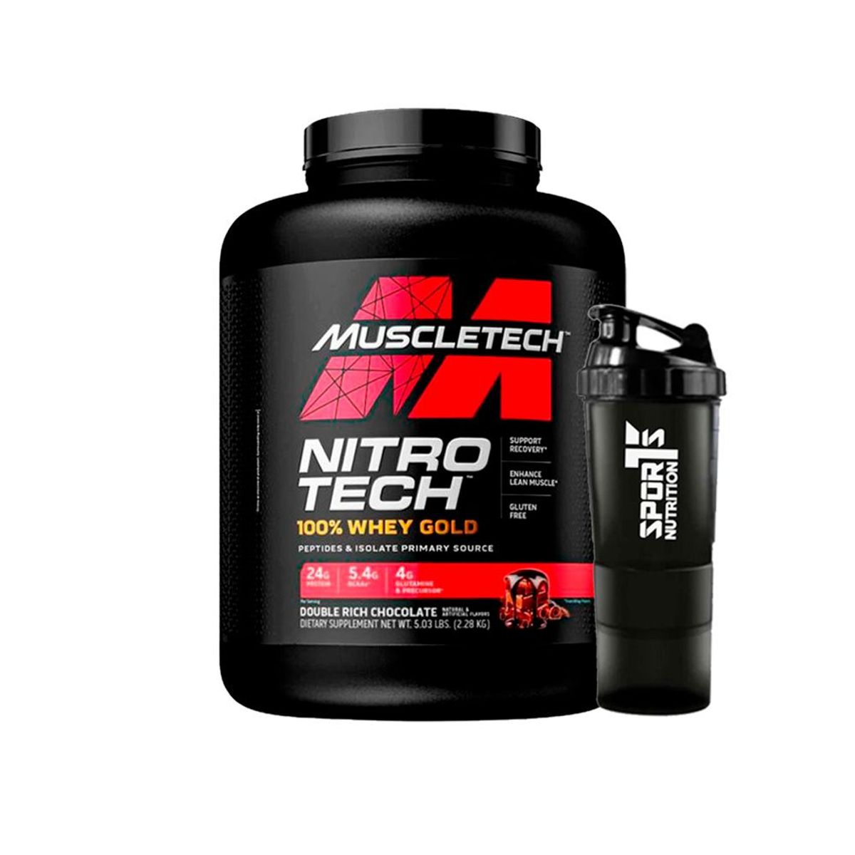 MUSCLETECH - Nitro Tech 100 Whey Gold DoubleRich Chocolate 5lb con SmartShaker