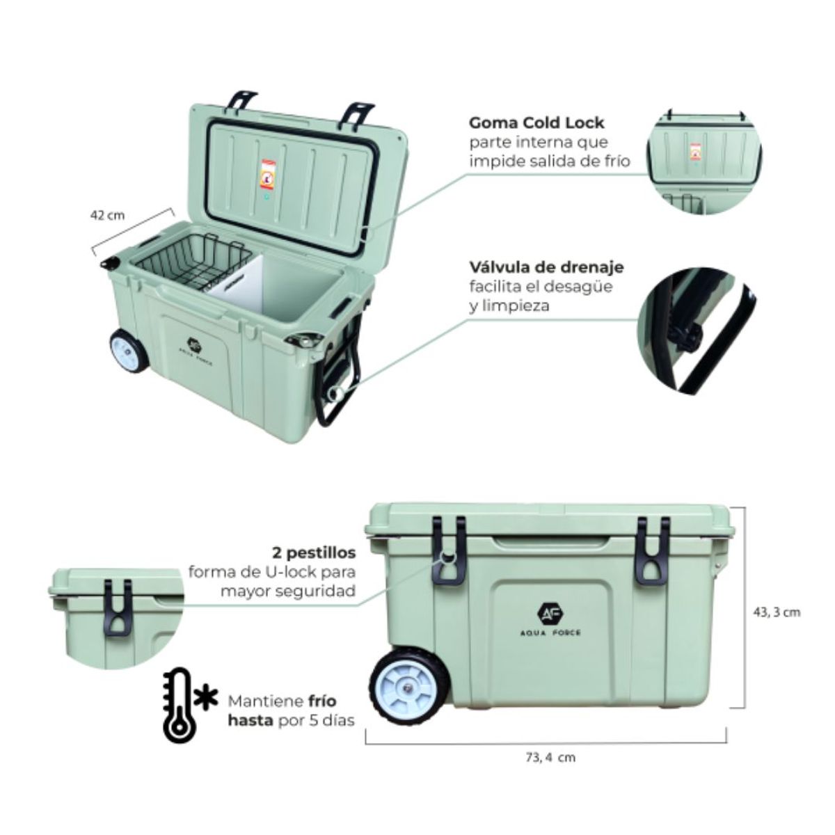 AQUA FORCE - Cooler Mykonos Tabla de Cortar Canasto 55 lt Ruedas Verde.