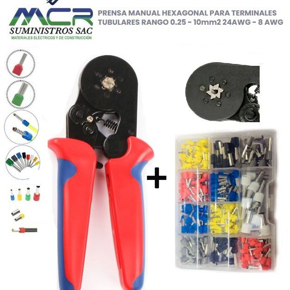 GENERICO - ALICATE PRENSA TERMINAL TUBULAR SOBREMOLDEADO 6 PUNTAS + CAJA TERMINALES