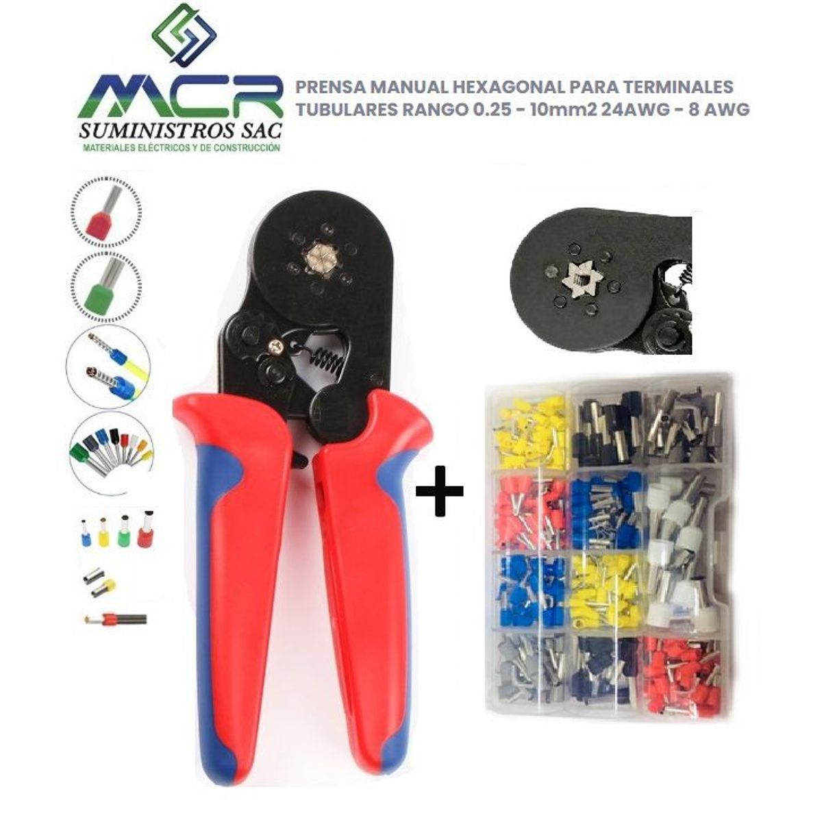 GENERICO - ALICATE PRENSA TERMINAL TUBULAR SOBREMOLDEADO 6 PUNTAS + CAJA TERMINALES