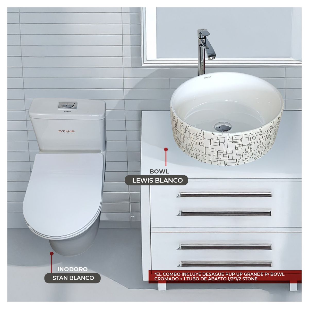 STONE - COMBO INODORO  MINIMALISTA STAN BLANCO  BOWL LEWIS BLANCO STONE