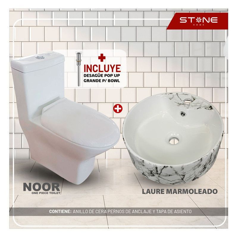 STONE - COMBO INODORO  MINIMALISTA NOOR BLANCO  BOWL LAURE MARMOLEADO STONE