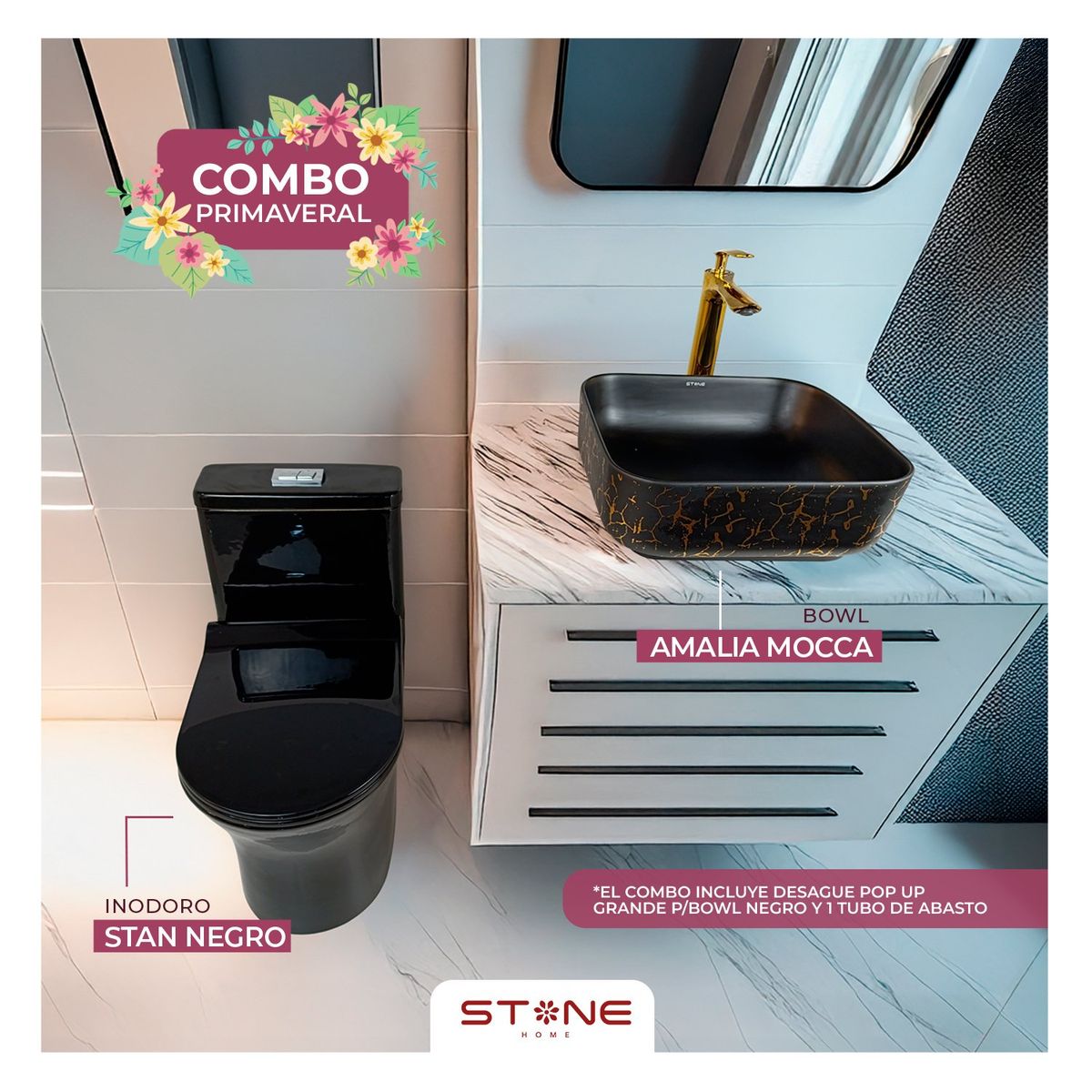 STONE - COMBO INODORO MINIMALISTA STAN BLACK  BOWL  AMALIA MOCCA STONE