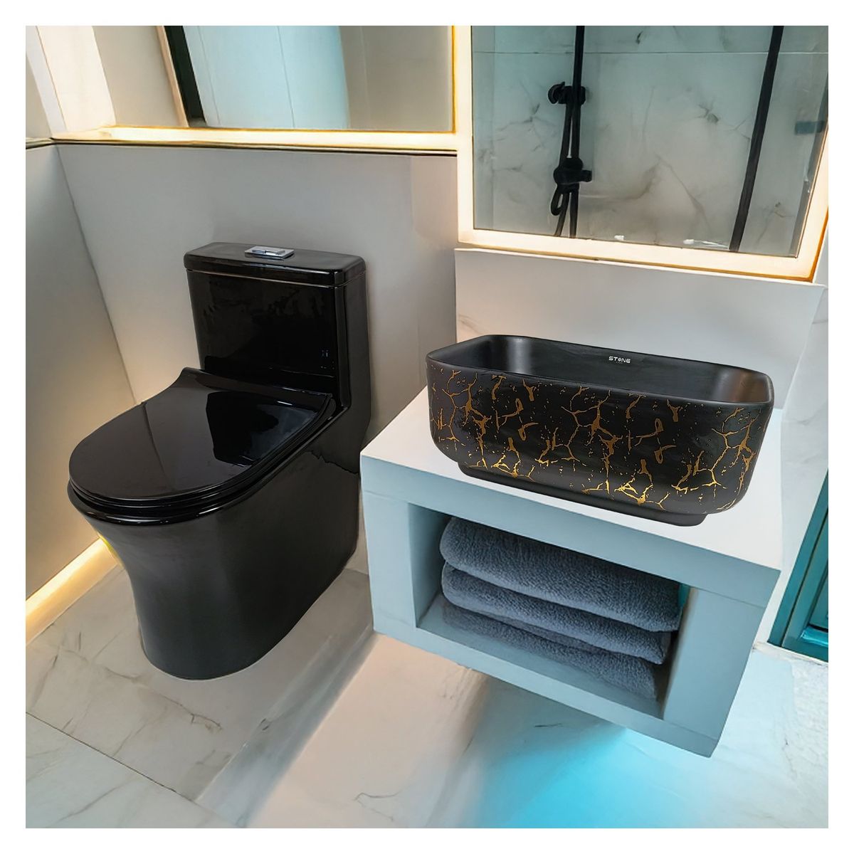 STONE - COMBO INODORO MINIMALISTA STAN BLACK  BOWL  AMALIA MOCCA STONE