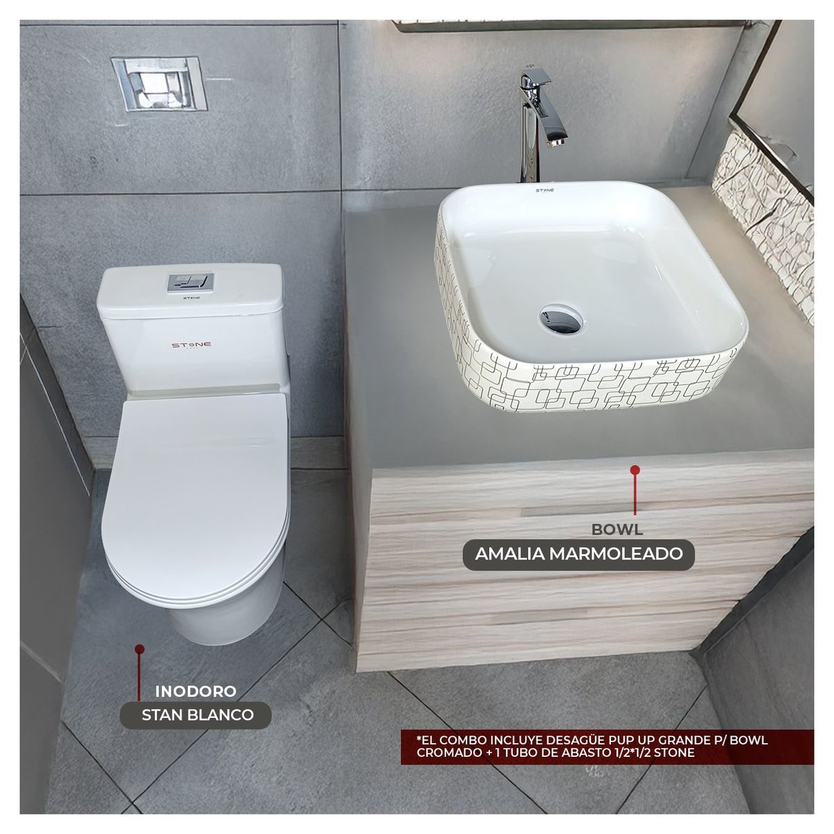 STONE - COMBO INODORO  MINIMALISTA STAN BLANCO  BOWL AMALIA MARMOLEADO STONE