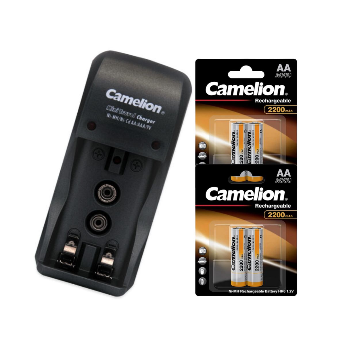 CAMELION - CARGADOR COMPACTO + 2 PILAS AA2200mAh CAMELION
