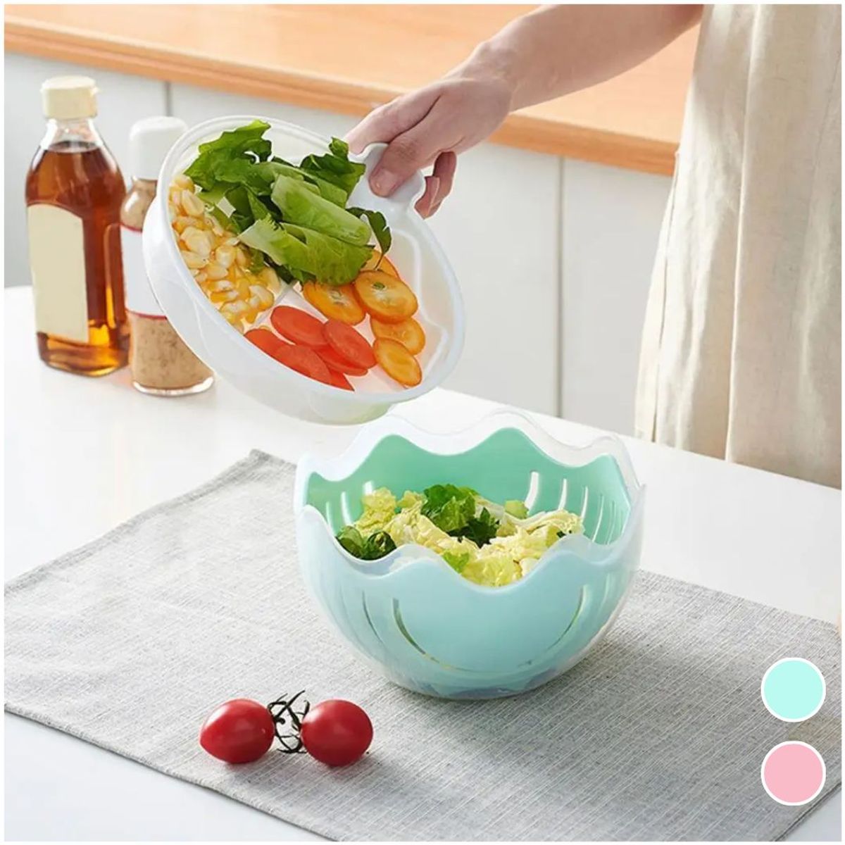 INSPIRA MARKET - Tazón cortador de ensaladas multifunción 3 en 1 escurridor