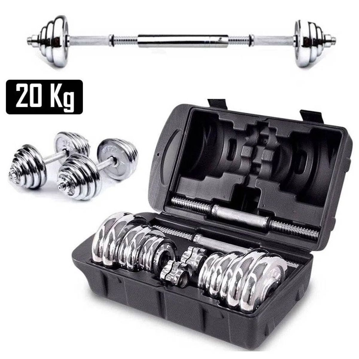 GENERICO - Set 20kg de Pesas Cromadas Con Accesorios