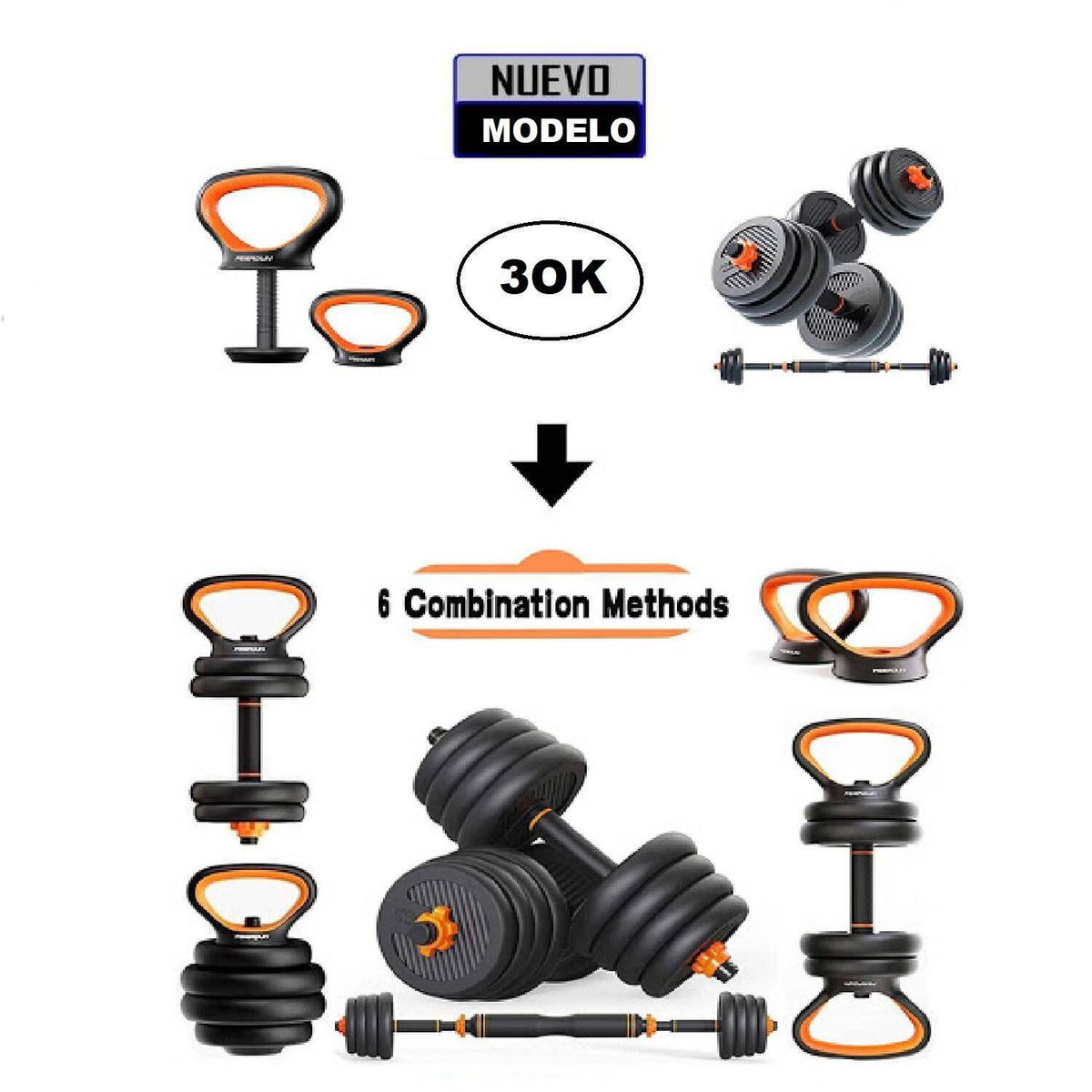 GENERICO - Pesas 30kg set convertible a barra y pesa rusa