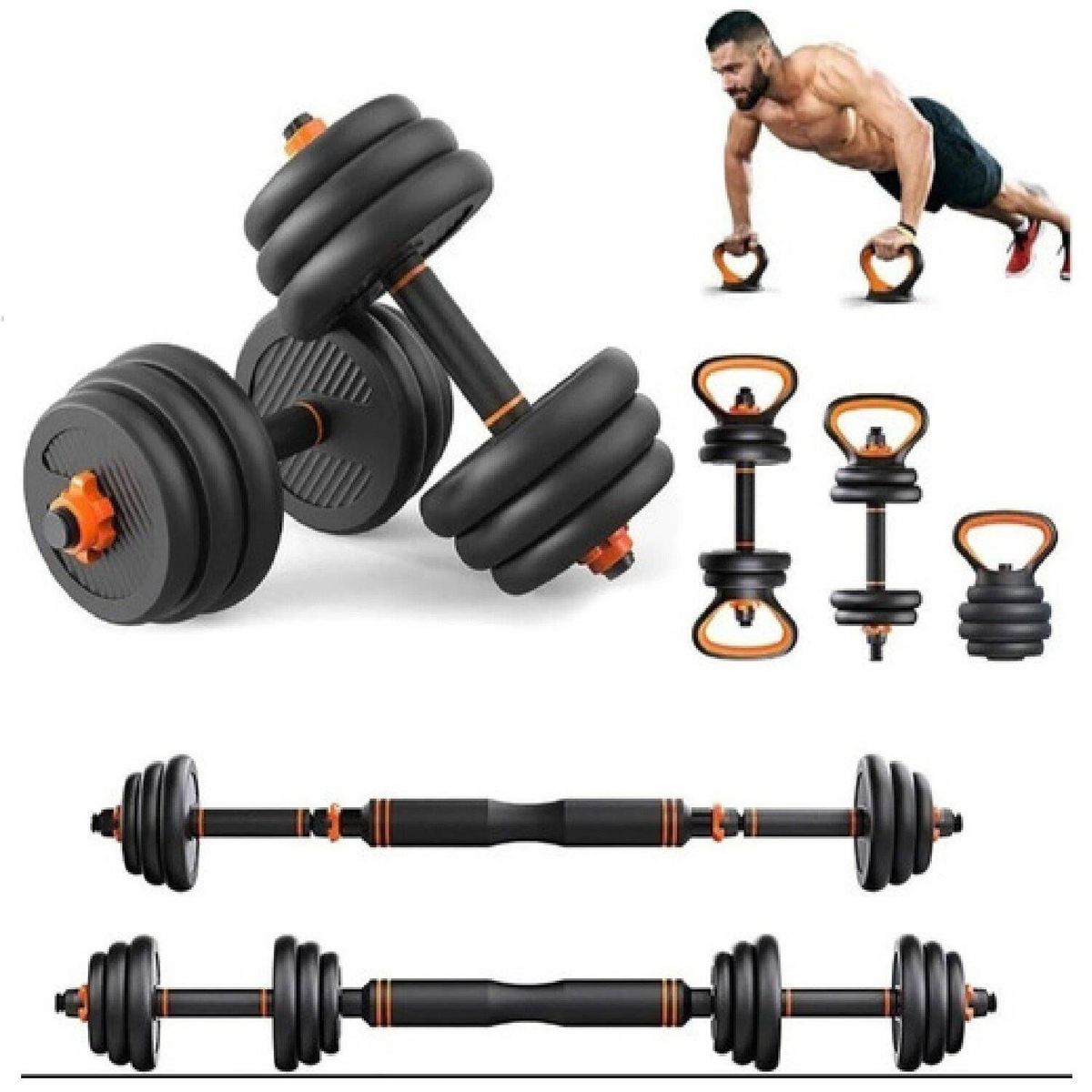 GENERICO - Pesas 30kg set convertible a barra y pesa rusa
