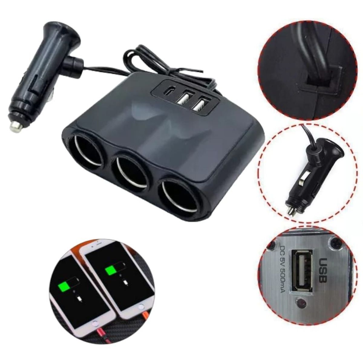 OEM - Cargador Celular Para Auto Vehículo Triple 2x USB-A 1x USB-C 12-24V 3A
