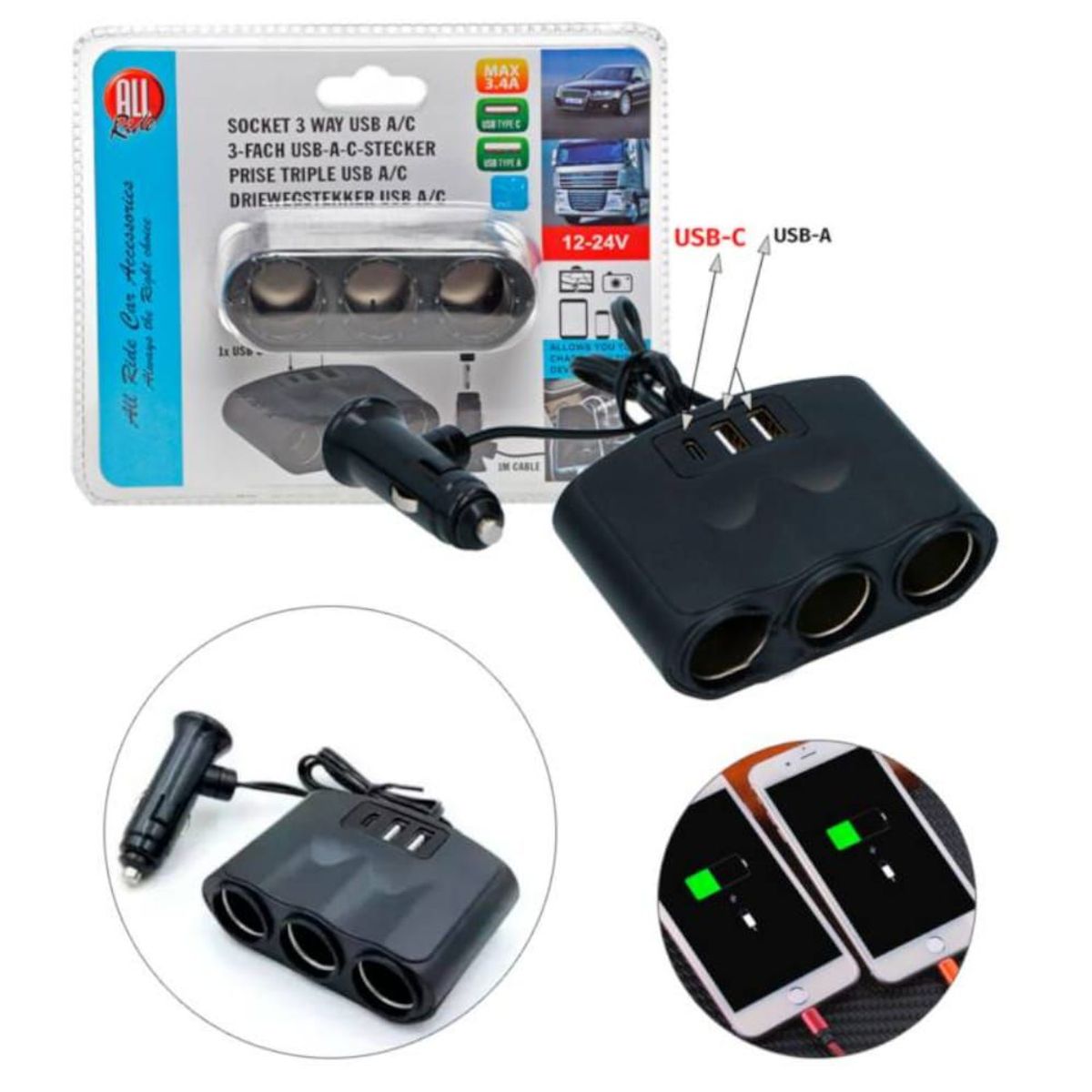 OEM - Cargador Celular Para Auto Vehículo Triple 2x USB-A 1x USB-C 12-24V 3A