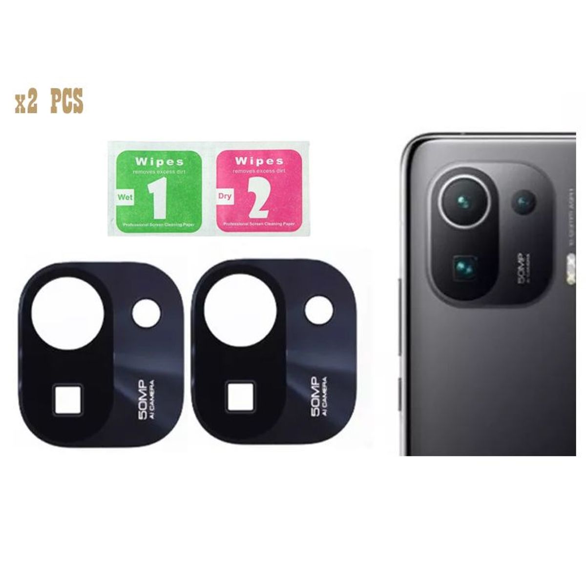 GENERICO - Pack X2 Micas Protector para Lente de Cámara Xiaomi Mi 11 Pro - Negro