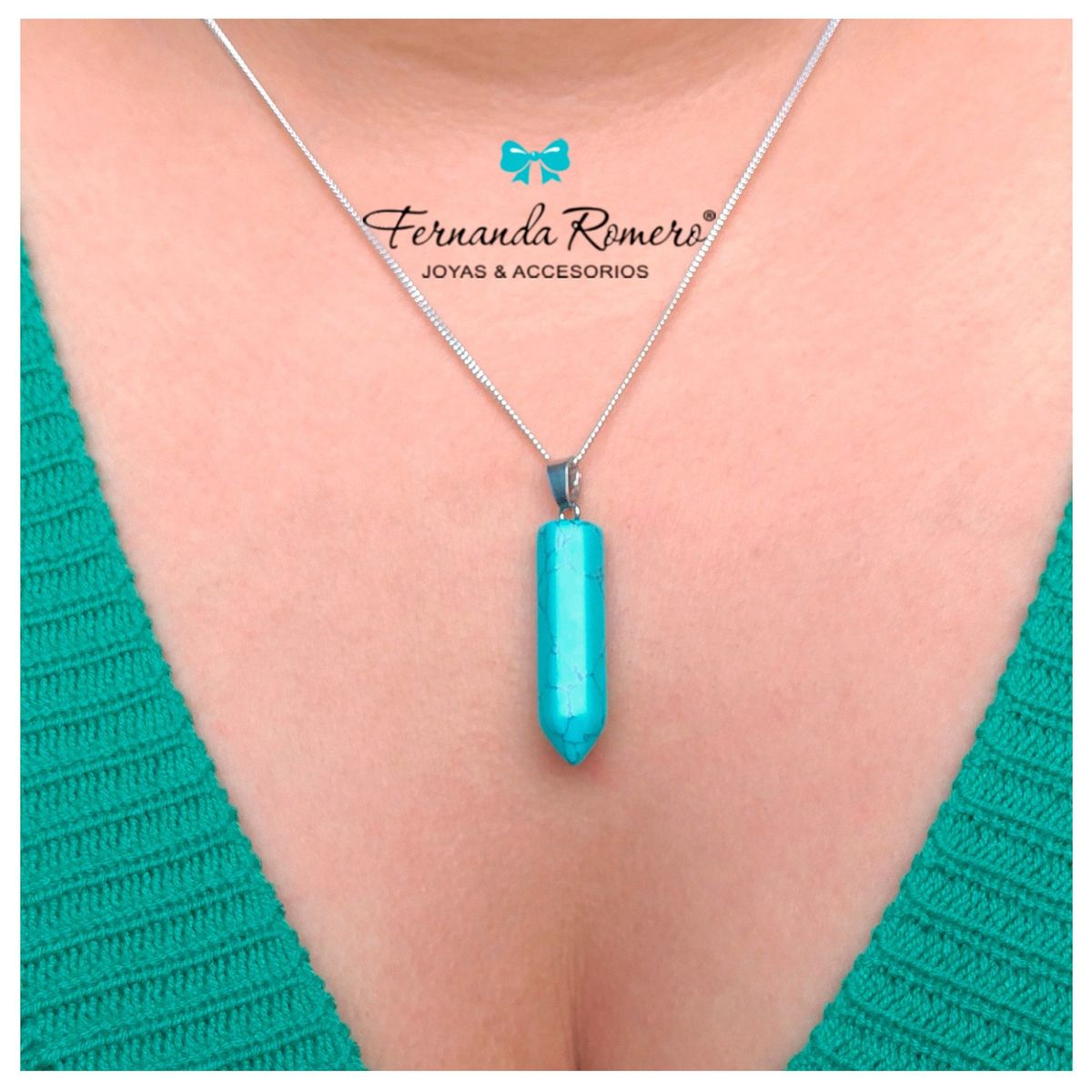 FERNANDA ROMERO JOYAS Y ACCESORIOS - Collar Turquesa Piedra Natural con cadena de Plata de Ley