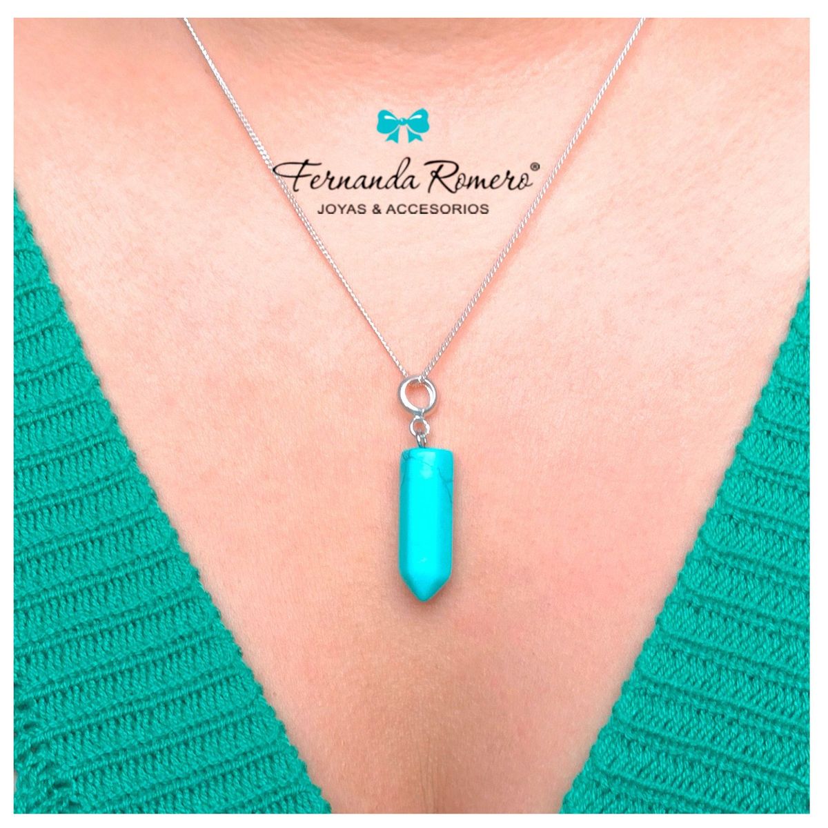 FERNANDA ROMERO JOYAS Y ACCESORIOS - Collar Turquesa Piedra Natural con cadena de Plata de Ley
