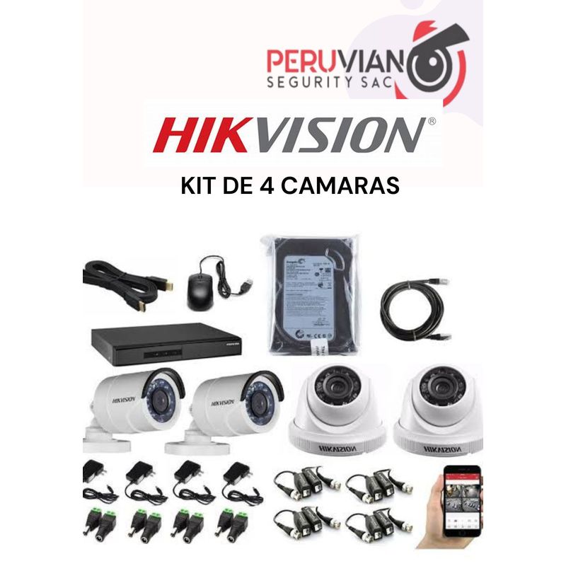 HIKVISION - KIT DE 4 CAMARAS DE SEGURIDAD FULL HD  INCLUYE ACCESORIOS