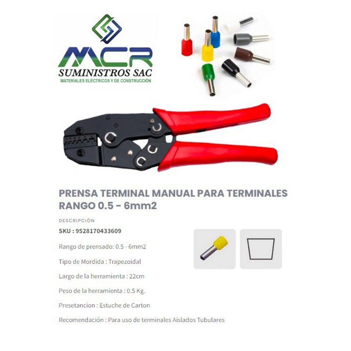 GENERICO - PRENSA TERMINAL MANUAL PARA TERMINALES RANGO 0.5 - 6mm2