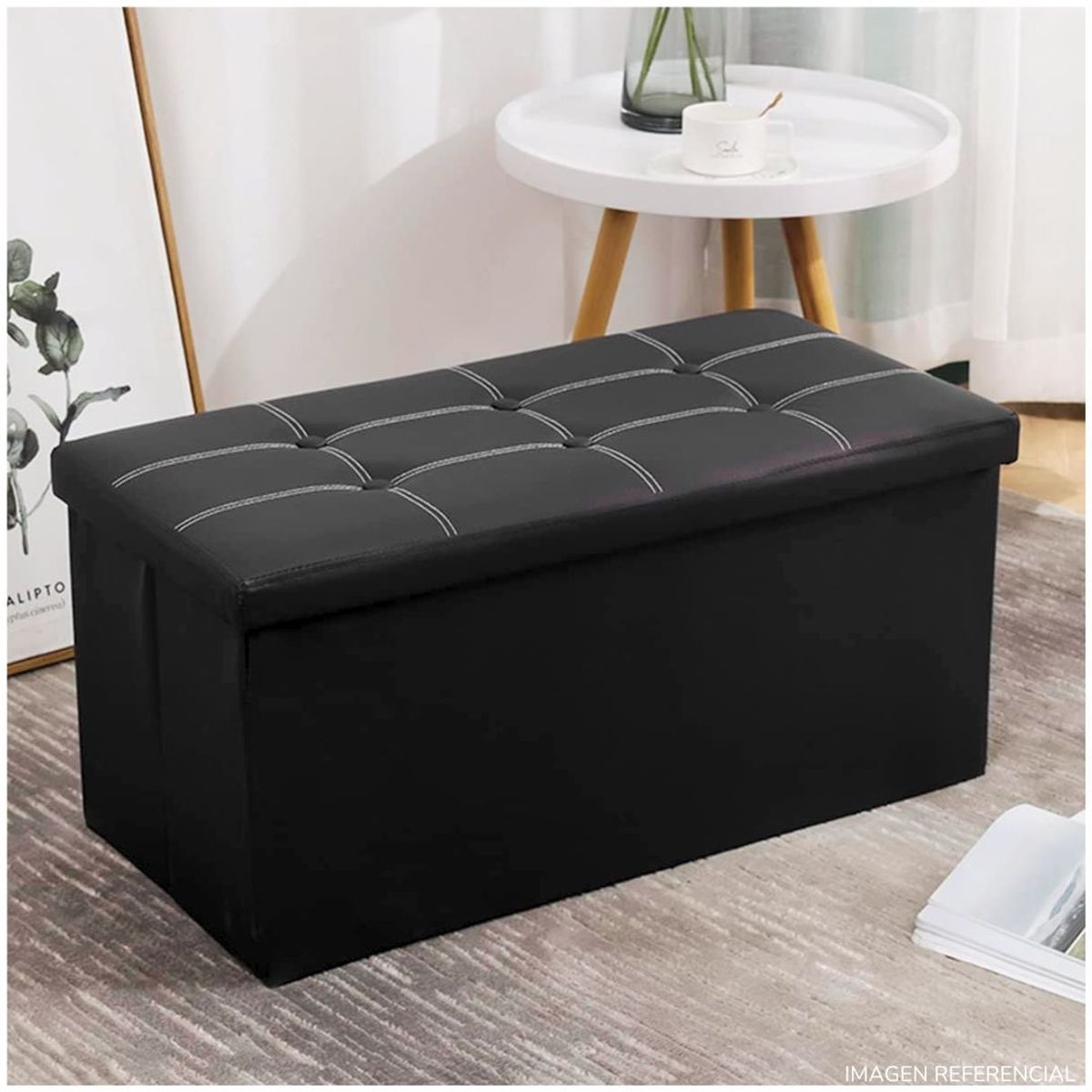 INSPIRA MARKET - Taburete Baul reposapiés asiento acolchado negro