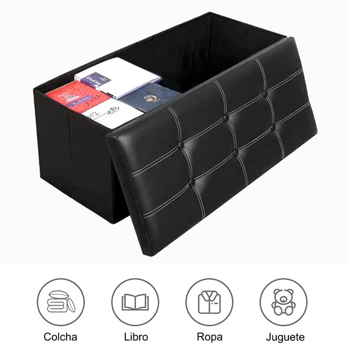 INSPIRA MARKET - Taburete Baul reposapiés asiento acolchado negro