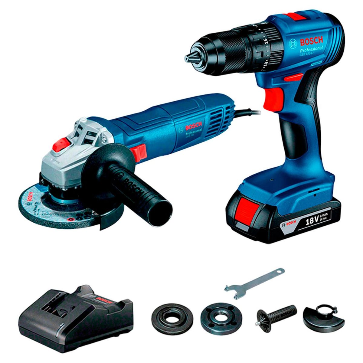 BOSCH - Taladro Percutor Bosch GSB 185-LI 18V + Bat + Esmeril GWS 700
