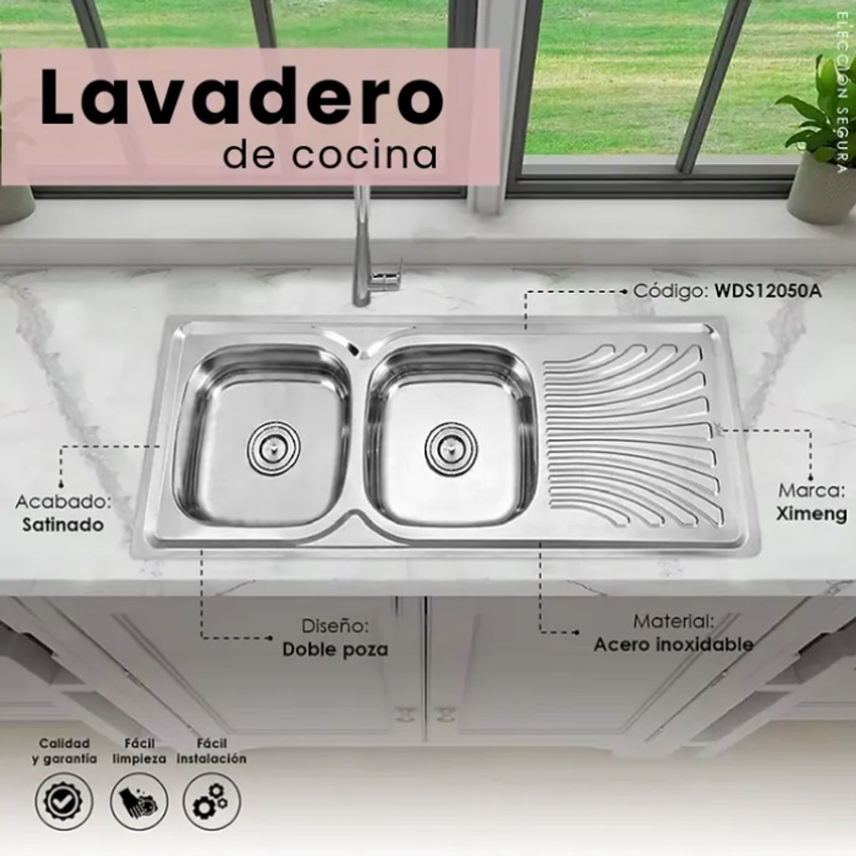 XM - LAVADERO DE ACERO INOXIDABLE 2POZAS CON ESCURRIDERO WDS12050A