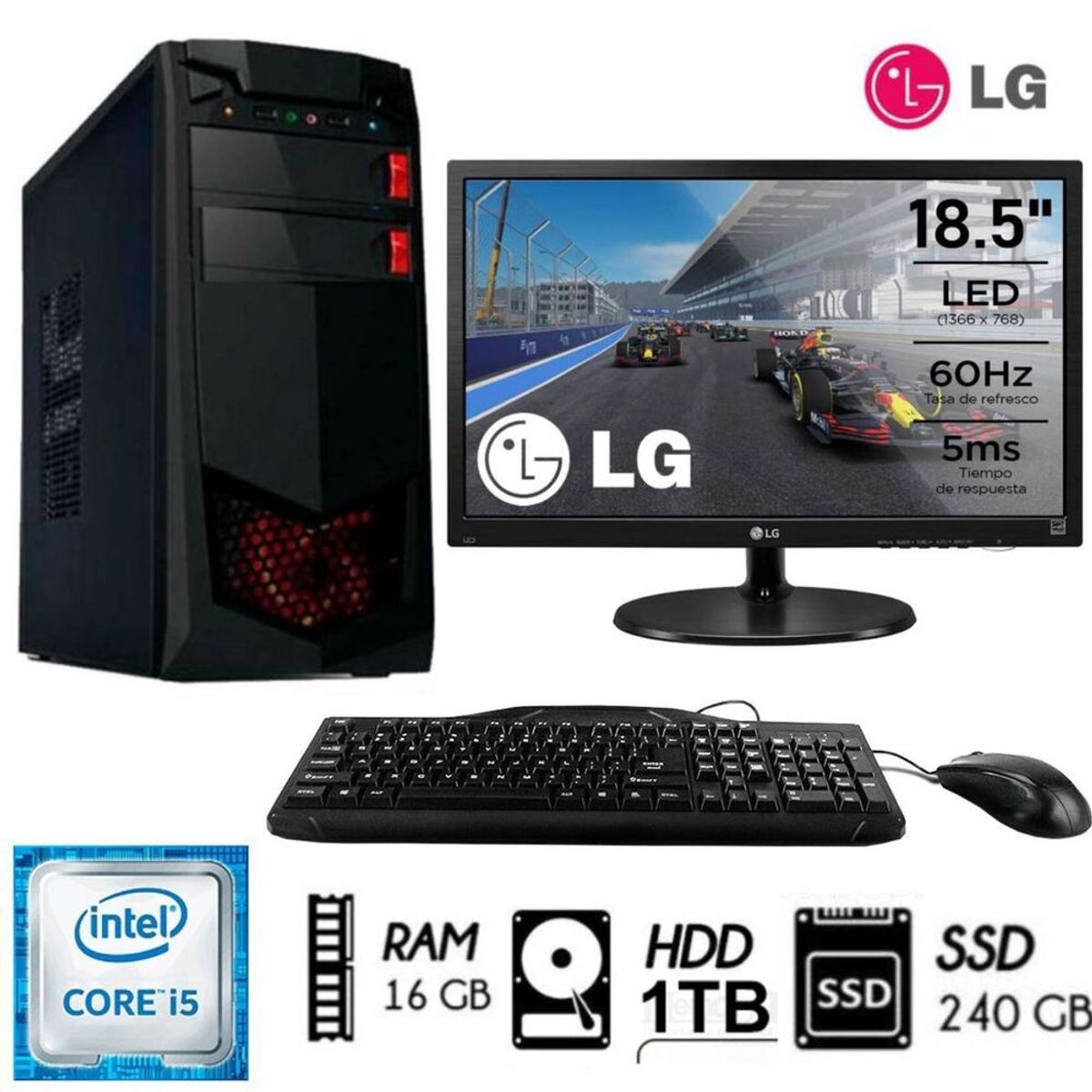 GENERICO - Computadora Pc Intel Core i5 3.2ghz Ram 16GB Disco 1TB SSD 240GB Monitor 19 LG