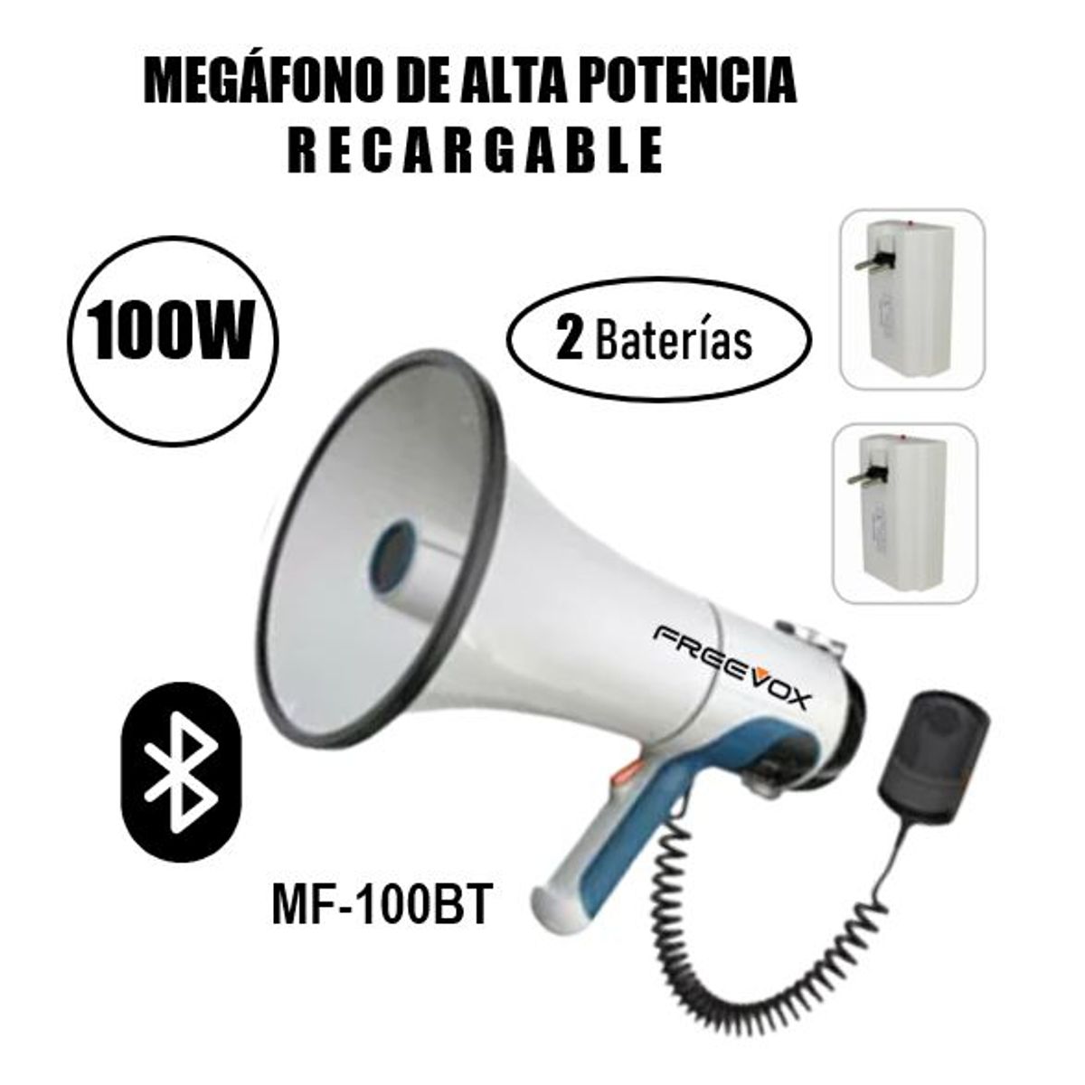 FREEVOX - MEGAFONO SUPER POTENTE RECARGABLE FREEVOX 100w USB - BT - 2 BATERIAS
