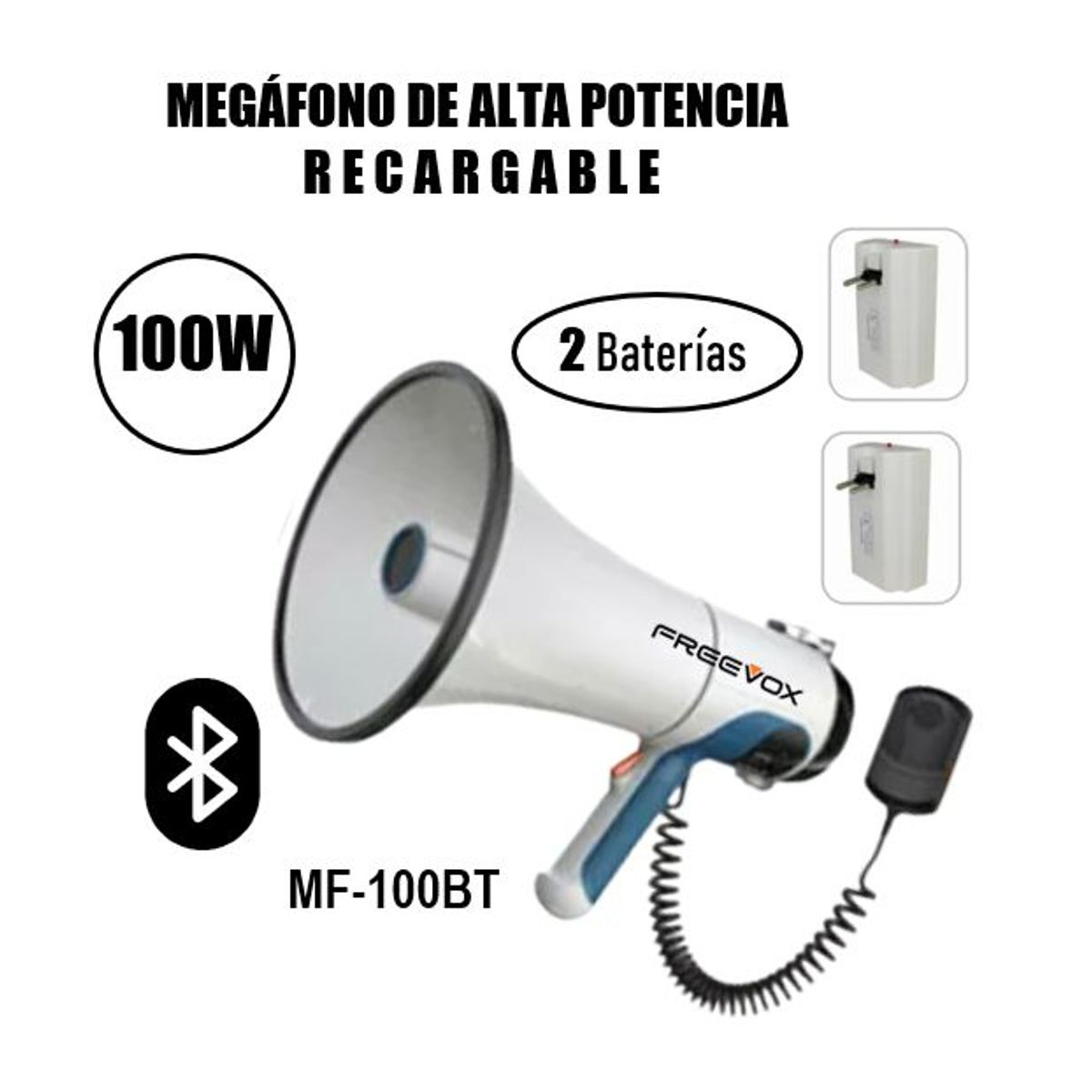 FREEVOX - MEGAFONO SUPER POTENTE RECARGABLE FREEVOX 100w USB - BT - 2 BATERIAS