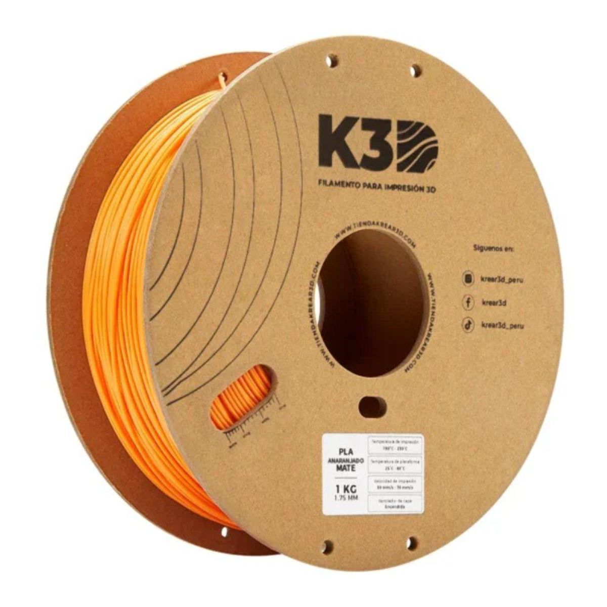 KREAR 3D - Filamento K3D PLA Anaranjado Mate 175mm 1Kg