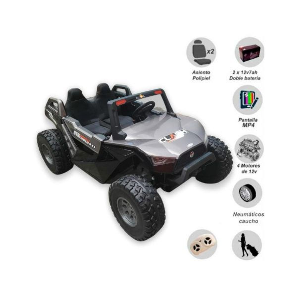 GENERICO - Carro a Batería UTV 24 VLT y Pantalla MP4 Para Niños «BUGGY» Gray
