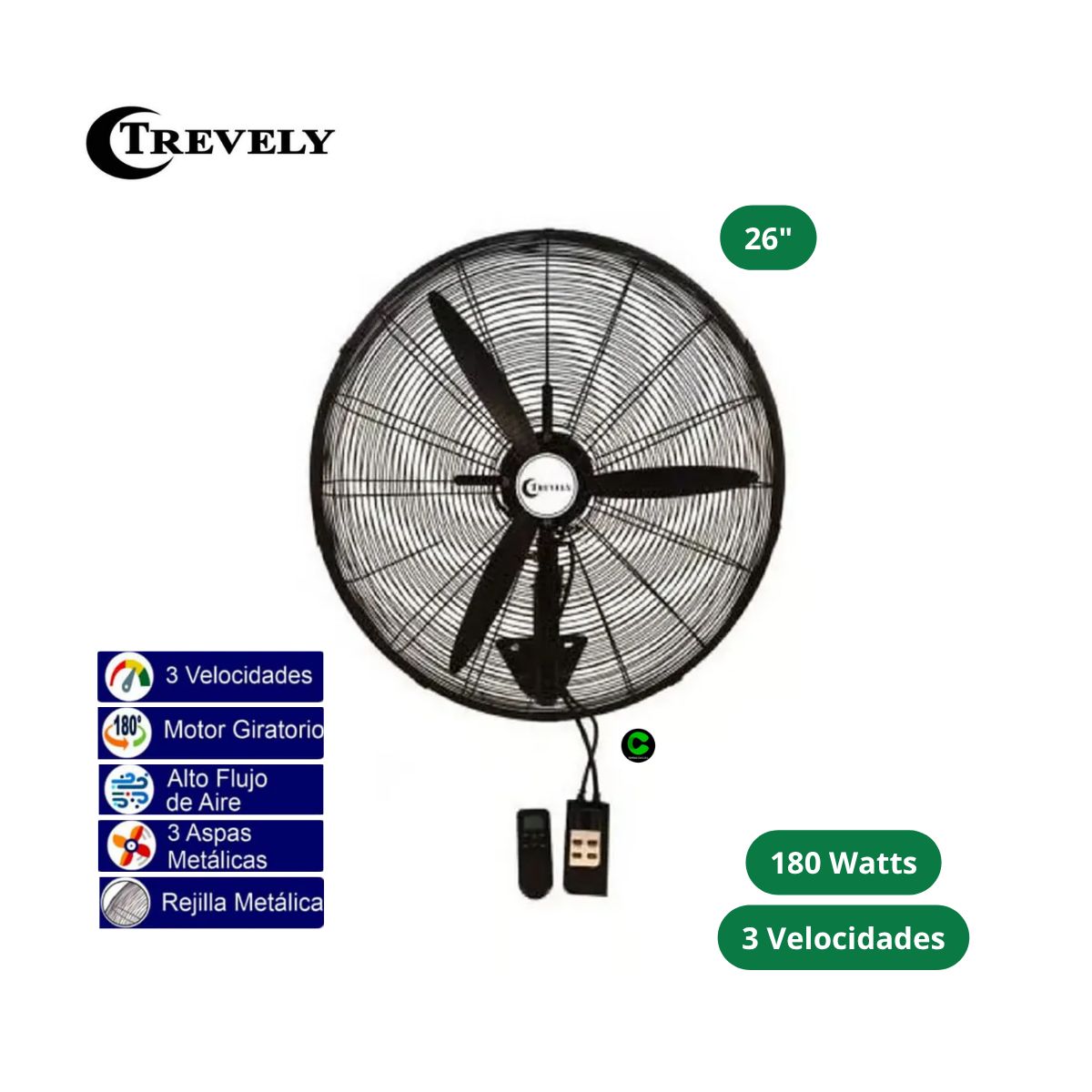 TREVELY - Ventilador Industrial de Pared TREVELY 26"  VT-27C Control Remoto