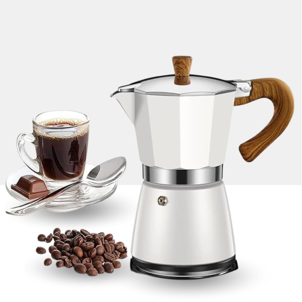 GENERICO - Cafetera Italiana Clásica con Mango de Madera de 300 ML Blanco