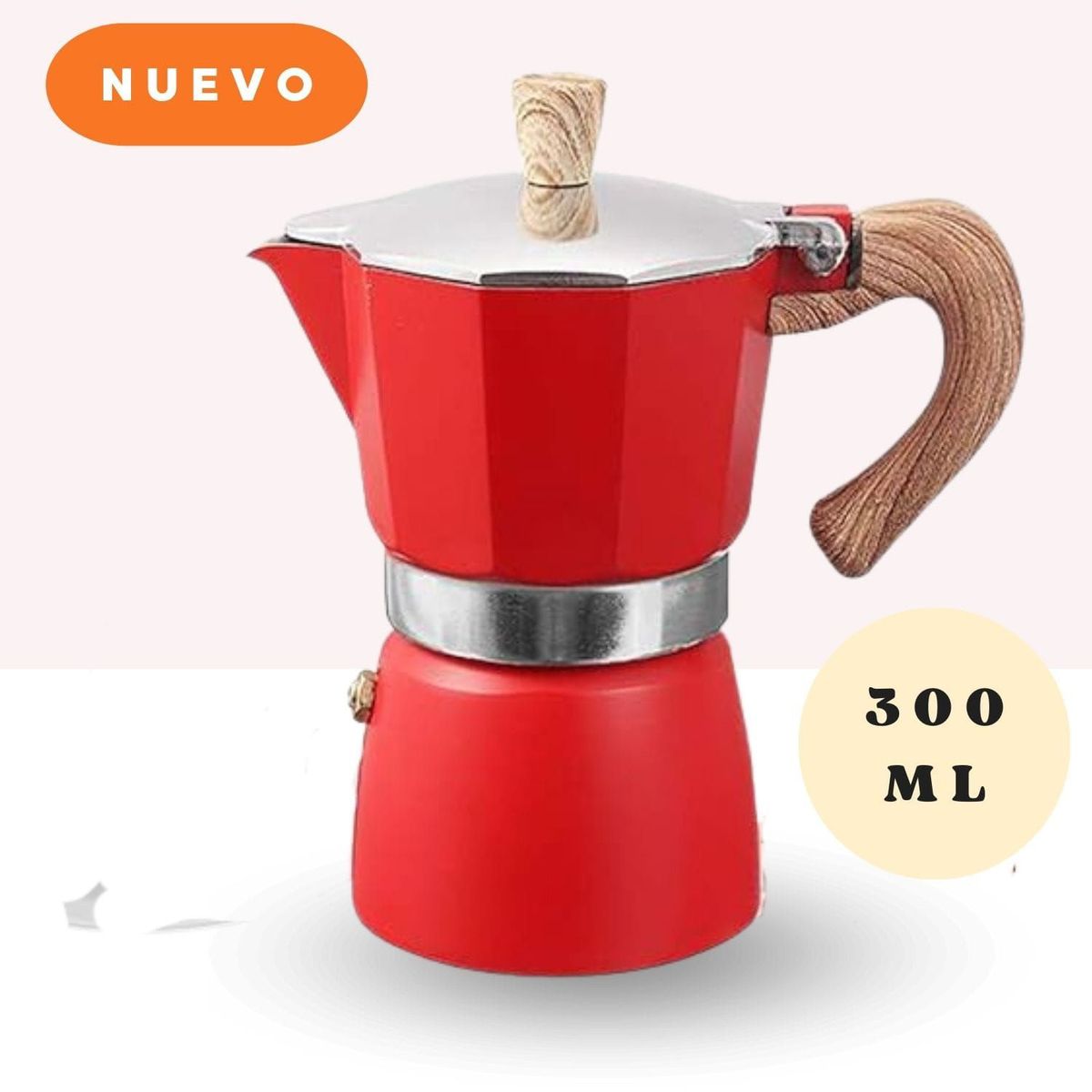 GENERICO - Cafetera Italiana con Mango de Madera y Aluminio 300 ml Roja