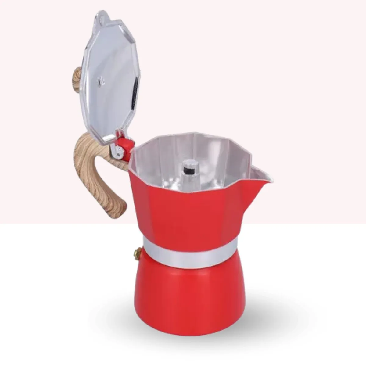 GENERICO - Cafetera Italiana con Mango de Madera y Aluminio 300 ml Roja