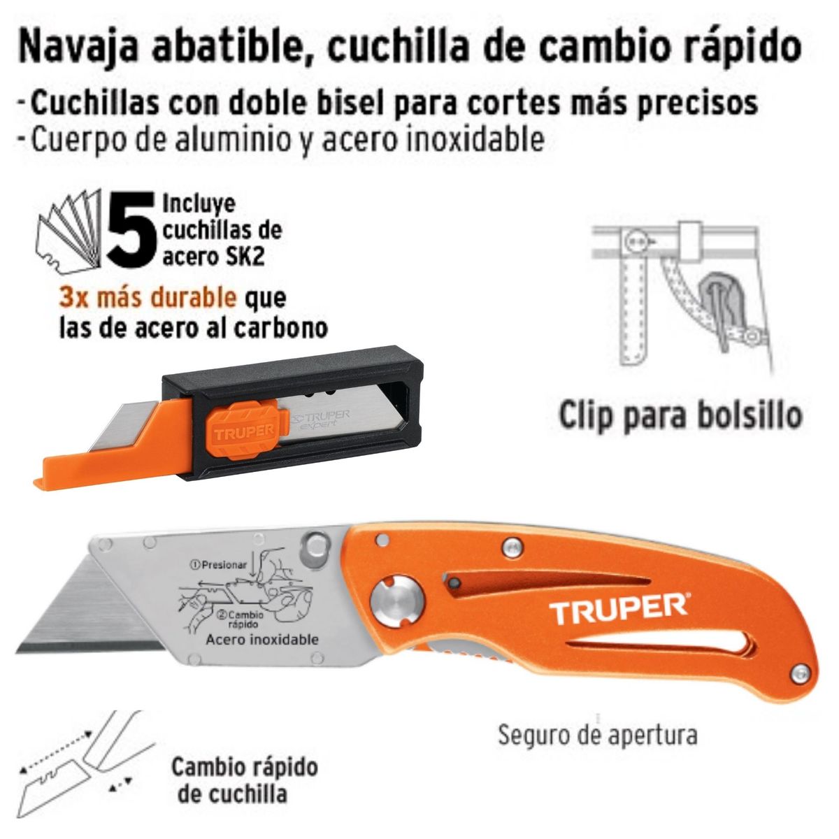 TRUPER - Navaja abatible profesional cuerpo acero inox y aluminio Truper Expert