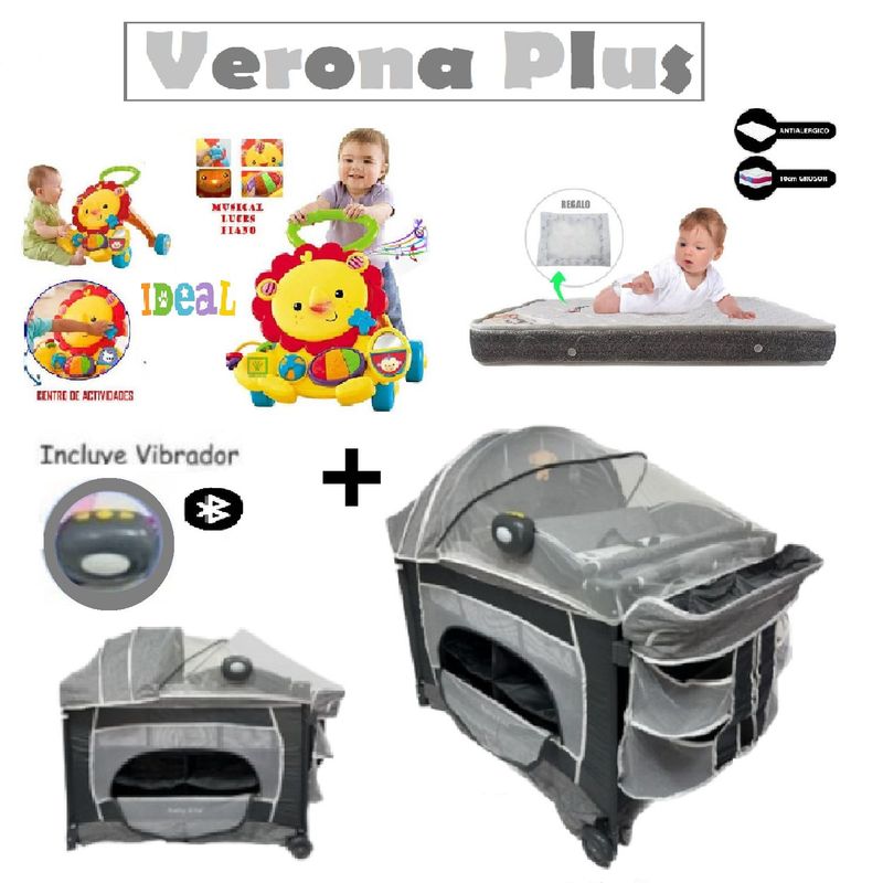 BABY KITS - Cuna Verona Plus -Colchon P- Andador Leon- Plomo