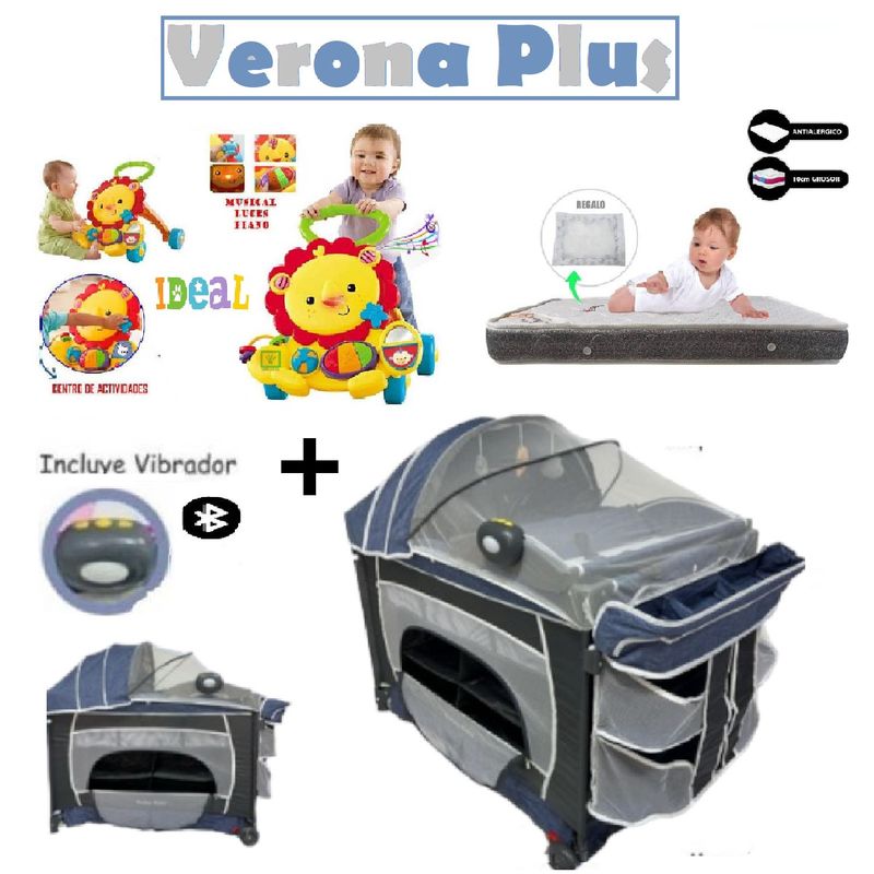 BABY KITS - Cuna Verona Plus -Colchon P- Andador Leon- Azul