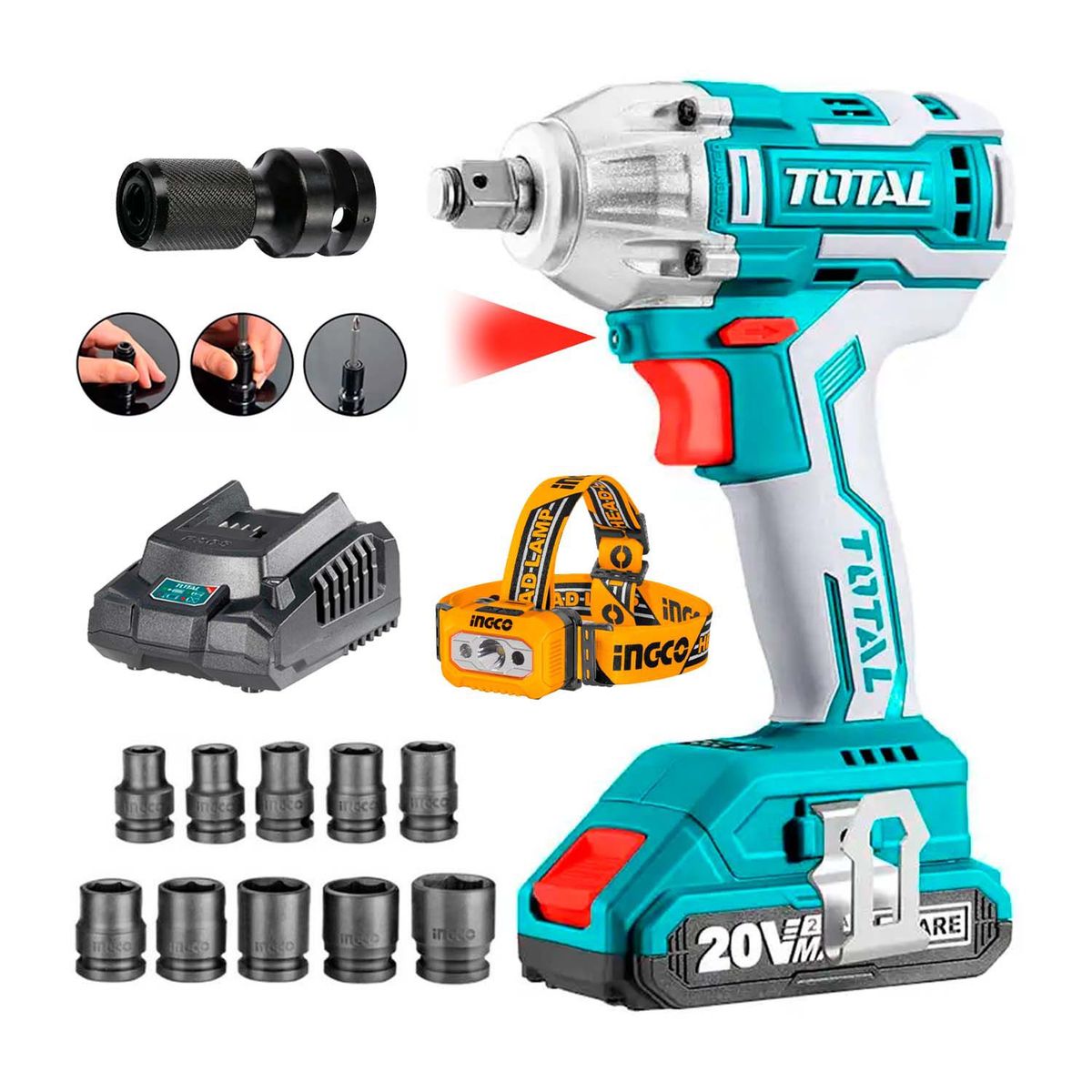 TOTAL TOOLS - LLAVE DE IMPACTO BRUSHLESS 20V JUEGO DE DADOS LINTERNA - H-6-IMPACTO
