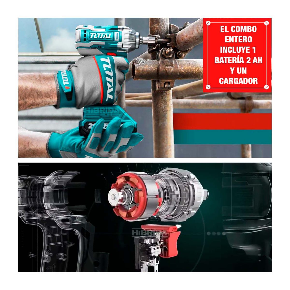 TOTAL TOOLS - LLAVE DE IMPACTO BRUSHLESS 20V JUEGO DE DADOS LINTERNA - H-6-IMPACTO