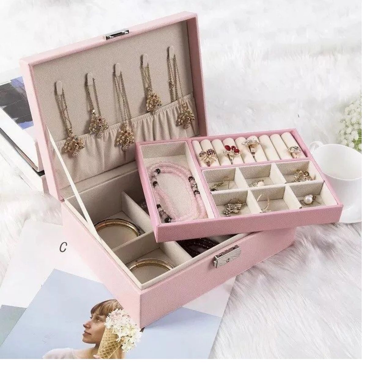 OEM - Organizador de joyas para mujeres y niñas, 2 capas de Cuero